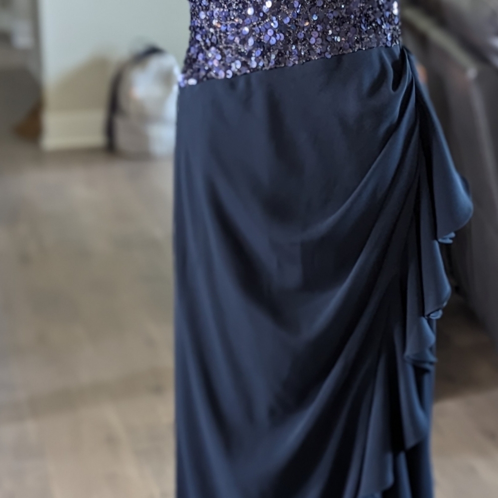 Badgley Mischka Navy Blue Strapless Sequins Ruffle Long Gown Dress Size 12 - Picture 3 of 16